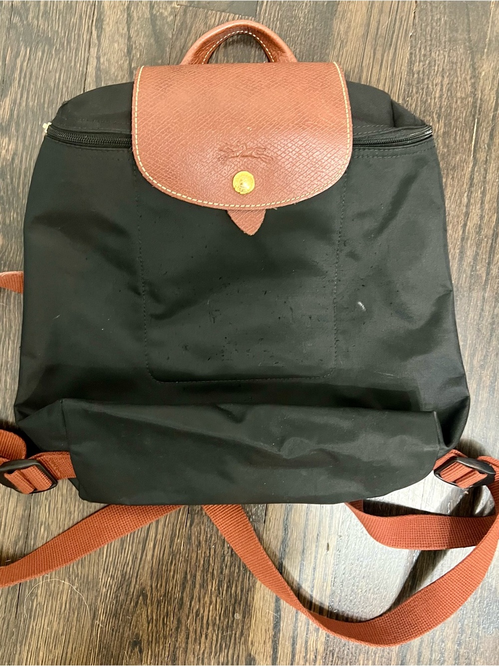 Longchamp Le Pliage Black Nylon & Brown Leather Mini Backpack